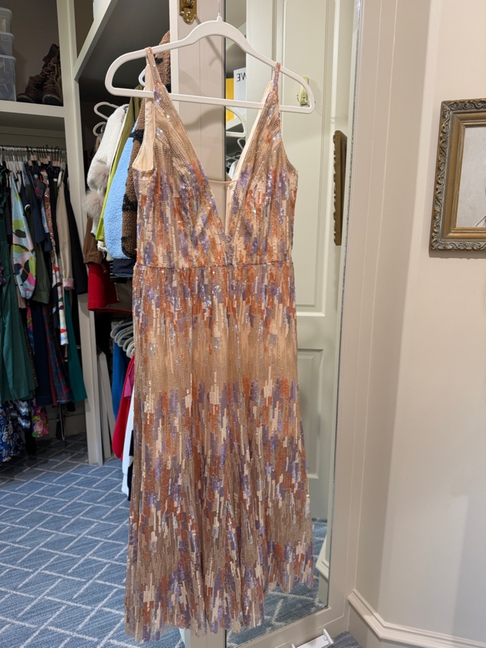 Dress the Population Sequin V-Neck Midi Dress in Champagne, Lilac and Peach